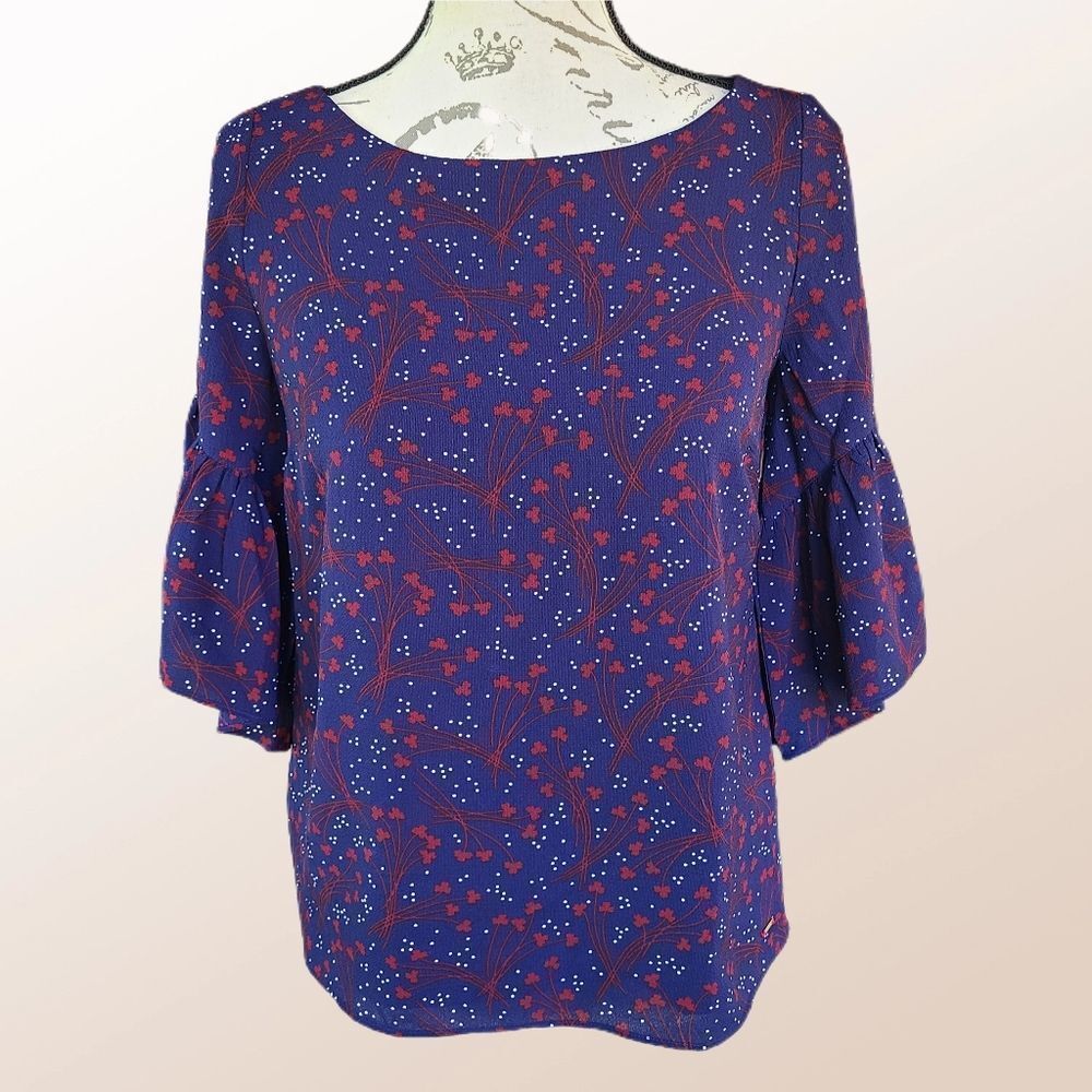 Tommy Hilfiger -607 Women's floral‎ blouse 3/4 sleeve navy burgundy Extra Small
